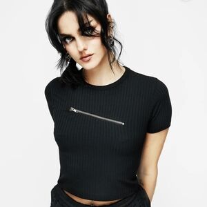 Disturbia Black Ribbed Crop Top with Zipper